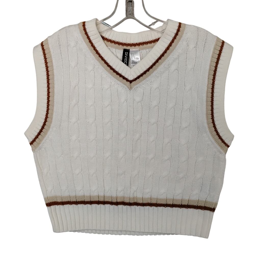 H&M Divided Retro Cable Knit Vest Size Small White and Brown V Neck Pullover